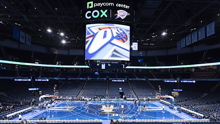 Nov 15, 2024; Oklahoma City, Oklahoma, USA; An overall view of the Oklahoma City Thunder's NBA Cup Court before the game against the Phoenix Suns at Paycom Center Nov 15, 2024; Oklahoma City, Oklahoma, USA; An overall view of the Oklahoma City Thunder's NBA Cup Court before the game against the Phoenix Suns at Paycom Center