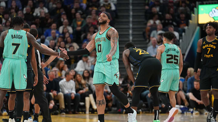 Feb 25, 2025; San Francisco, California, USA; Charlotte Hornets forward Miles Bridges (0) reacts after being called for a foul against the Golden State Warriors in the third quarter at the Chase Center. Mandatory Credit: Cary Edmondson-Imagn Images