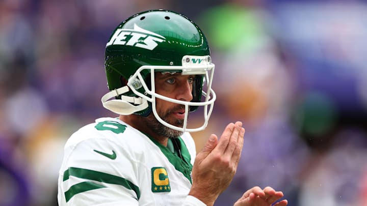 Oct 6, 2024; Tottenham, ENG; New York Jets Quarterback Aaron Rodgers (8) during the warm up before kick off against Minnesota Vikings at Tottenham Hotspur Stadium. 