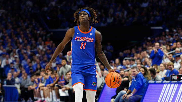 Jan 4, 2025; Lexington, Kentucky, USA; Florida Gators guard Denzel Aberdeen (11) handles the ball during the first half against the Kentucky Wildcats at Rupp Arena at Central Bank Center. Mandatory Credit: Jordan Prather-Imagn Images