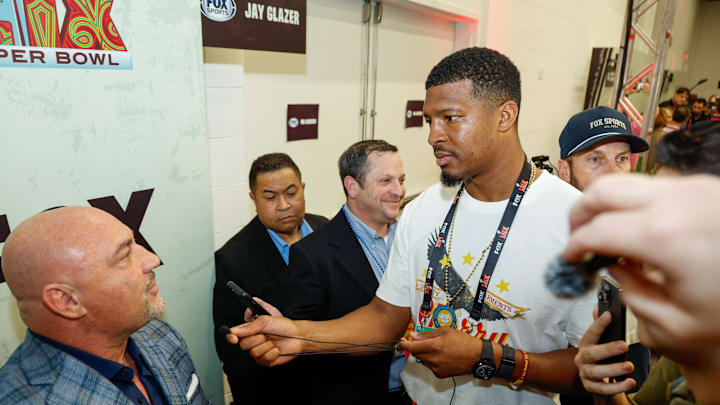 Feb 6, 2025; New Orleans, LA, USA;  Fox Sports NFL Insider Jay Glazer is interviewed by Cleveland Browns quarterback Jameis Winston during a Fox Sports media party in advance of Super Bowl LIX at Convention Center. Mandatory Credit: Stephen Lew-Imagn Images 