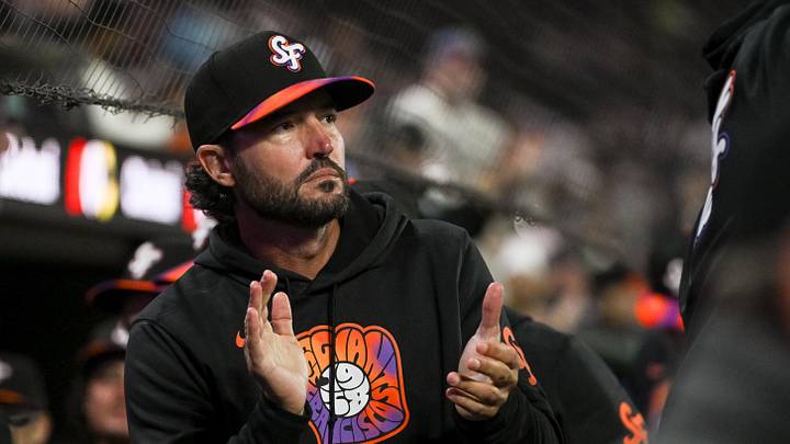 San Francisco, California, USA; San Francisco Giants manager Tony Vitello (23) celebrates after the Giants scored against the Houston Astros during the sixth inning at Oracle Park. Mandatory Credit: Ed Szczepanski-Imagn Images