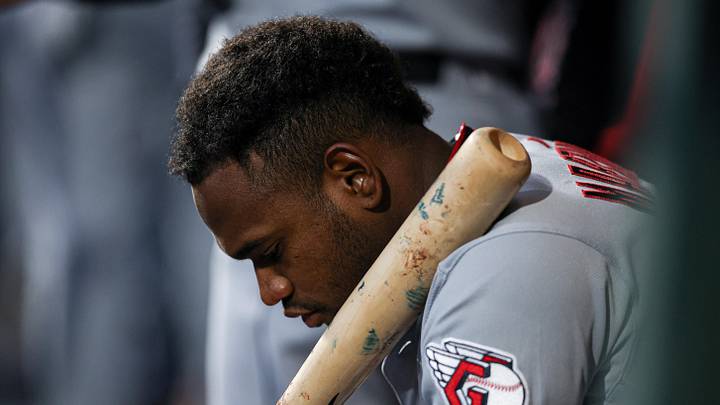 May 23, 2026; Philadelphia, Pennsylvania, USA; Cleveland Guardians left fielder Angel Martinez in the dugout during the seventh inning against the Philadelphia Phillies at Citizens Bank Park. Mandatory Credit: Bill Streicher-Imagn Images May 23, 2026; Philadelphia, Pennsylvania, USA; Cleveland Guardians left fielder Angel Martinez in the dugout during the seventh inning against the Philadelphia Phillies at Citizens Bank Park. Mandatory Credit: Bill Streicher-Imagn Images