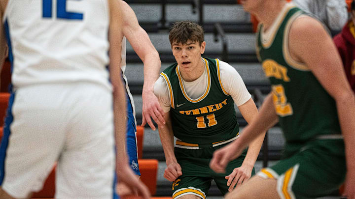 Cedar Rapids Kennedy's Reuben Schlaak plays defense during State Basketball Crossover at Valley High School on Saturday, Feb. 8, 2025, in West Des Moines.