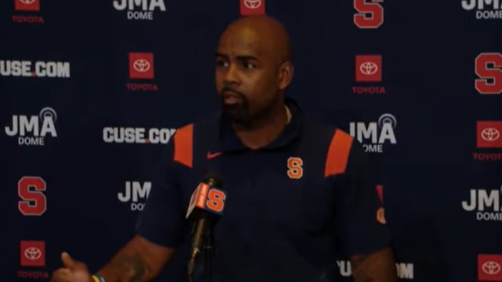 October 20, 2025; Syracuse, New York, USA; Syracuse coach Fran Brown addresses the media at his weekly news conference at the John A. Lally Athletics Complex. Mandatory Credit: Screen shot courtesy Syracuse University Athletic Communications October 20, 2025; Syracuse, New York, USA; Syracuse coach Fran Brown addresses the media at his weekly news conference at the John A. Lally Athletics Complex. Mandatory Credit: Screen shot courtesy Syracuse University Athletic Communications