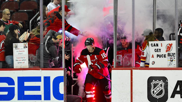 Apr 9, 2024; Newark, New Jersey, USA; New Jersey Devils left wing Ondrej Palat (18) enters the ice for pregame warm up before a game against the Toronto Maple Leafs at Prudential Center. Mandatory Credit: Jonathan Jones-Imagn Images