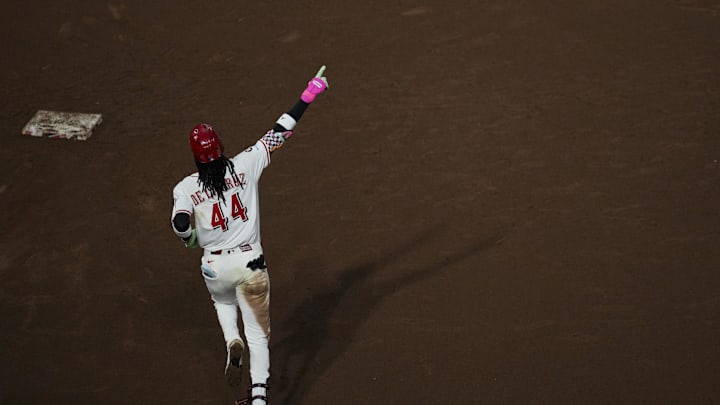 May 13, 2025; Cincinnati, Ohio, USA; Cincinnati Reds shortstop Elly De La Cruz (44) runs the bases after hitting a solo home run against the Chicago White Sox in the ninth inning at Great American Ball Park. Mandatory Credit: Aaron Doster-Imagn Images May 13, 2025; Cincinnati, Ohio, USA; Cincinnati Reds shortstop Elly De La Cruz (44) runs the bases after hitting a solo home run against the Chicago White Sox in the ninth inning at Great American Ball Park. Mandatory Credit: Aaron Doster-Imagn Images