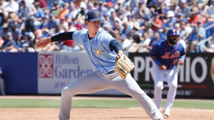 Port St. Lucie, Florida, USA;  Tampa Bay Rays relief pitcher Evan Reifert (86) throws a pitch during the third inning against the New York Mets at Clover Park.