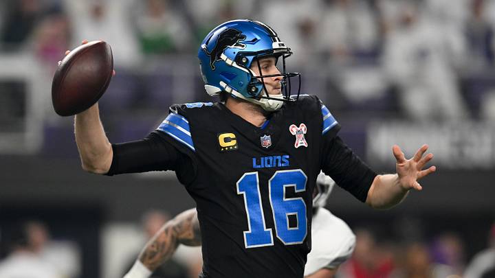 Dec 25, 2025; Minneapolis, Minnesota, USA; Detroit Lions quarterback Jared Goff (16) passes the ball against the Minnesota Vikings in the first half at U.S. Bank Stadium. Mandatory Credit: Jeffrey Becker-Imagn Images