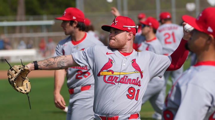 St. Louis Cardinals outfielder Nathan Church warms-up during spring training. Mandatory Credit: Jim Rassol-Imagn Images