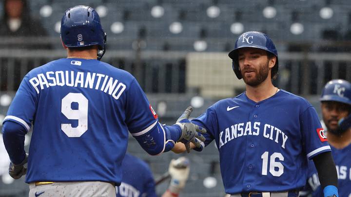 Sep 20, 2026; Pittsburgh, Pennsylvania, USA; Kansas City Royals left fielder John Rave (16) greets first baseman Vinnie Pasquantino (9) crossing home plate on atwo run home run against the Pittsburgh Pirates during the seventh inning at PNC Park. Mandatory Credit: Charles LeClaire-Imagn Images Sep 20, 2026; Pittsburgh, Pennsylvania, USA; Kansas City Royals left fielder John Rave (16) greets first baseman Vinnie Pasquantino (9) crossing home plate on atwo run home run against the Pittsburgh Pirates during the seventh inning at PNC Park. Mandatory Credit: Charles LeClaire-Imagn Images