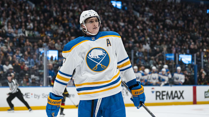Dec 11, 2025; Vancouver, British Columbia, CAN; Buffalo Sabres forward Tage Thompson (72) celebrates his goal against the Vancouver Canucks in the second period at Rogers Arena. Mandatory Credit: Bob Frid-Imagn Images