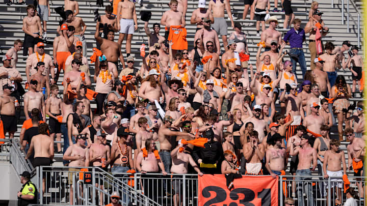 Oklahoma State fans cheer in section 231 in the second half of the college football game between Oklahoma State University and the Kansas State Wildcats at Boone Pickens Stadium in Stillwater, Okla., Saturday Nov. 15, 2025.