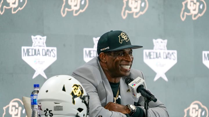 Jul 9, 2025; Frisco, TX, USA; Colorado head coach Deion Sanders speaks with the media during 2025 Big 12 Football Media Days at The Star. Mandatory Credit: Raymond Carlin III-Imagn Images