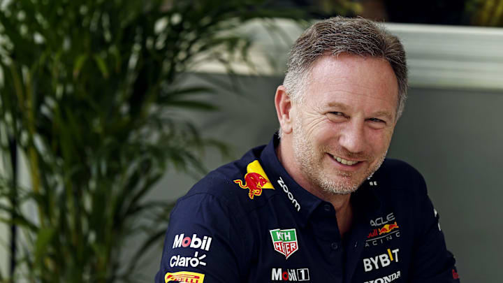 May 5, 2024; Miami Gardens, Florida, USA; Red Bull team principle Christian Horner sits in the F1 Village before the F1 Miami Grand Prix at Miami International Autodrome. Mandatory Credit: Peter Casey-Imagn Images