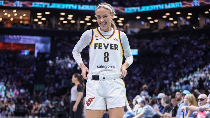 Jun 6, 2026; Brooklyn, New York, USA; Indiana Fever guard Sophie Cunningham (8) reacts to a fan in the third quarter against the New York Liberty at Barclays Center. Mandatory Credit: Wendell Cruz-Imagn Images Jun 6, 2026; Brooklyn, New York, USA; Indiana Fever guard Sophie Cunningham (8) reacts to a fan in the third quarter against the New York Liberty at Barclays Center. Mandatory Credit: Wendell Cruz-Imagn Images