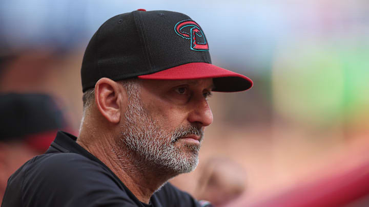 Jun 3, 2025; Atlanta, Georgia, USA; Arizona Diamondbacks manager Torey Lovullo (17) in the dugout against the Atlanta Braves in the second inning at Truist Park. Mandatory Credit: Brett Davis-Imagn Images