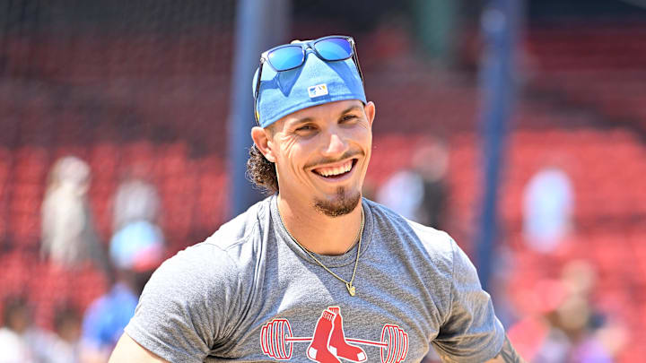 Jul 12, 2025; Boston, Massachusetts, USA;  Boston Red Sox center fielder Jarren Duran (16) after taking batting practice before a game against the Tampa Bay Rays at Fenway Park. Mandatory Credit: Eric Canha-Imagn Images