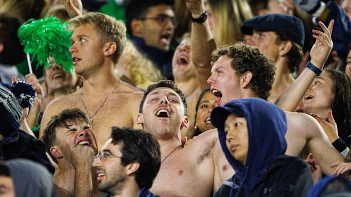 The Notre Dame student section sings during a NCAA college football game against Florida State at Notre Dame Stadium on Saturday, Nov. 9, 2024, in South Bend.