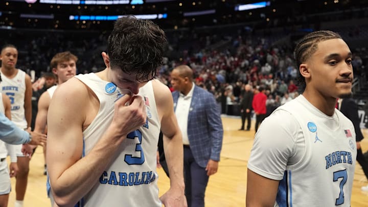 Mar 28, 2024; Los Angeles, CA, USA; North Carolina Tar Heels guard Cormac Ryan (3) reacts after the