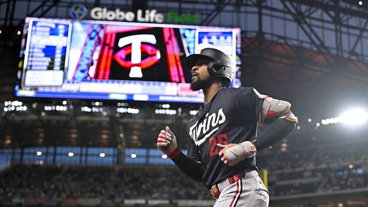 Jun 15, 2026; Arlington, Texas, USA; Minnesota Twins center fielder Byron Buxton (25) comes off the field after hitting a home run against the Texas Rangers during the game at Globe Life Field. Mandatory Credit: Jerome Miron-Imagn Images Jun 15, 2026; Arlington, Texas, USA; Minnesota Twins center fielder Byron Buxton (25) comes off the field after hitting a home run against the Texas Rangers during the game at Globe Life Field. Mandatory Credit: Jerome Miron-Imagn Images