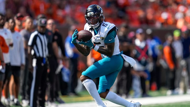 Jacksonville Jaguars wide receiver Dyami Brown (6) catches a pass in the fourth quarter of the NFL Week 2 game between the Cincinnati Bengals and the Jacksonville Jaguars at Paycor Stadium in downtown Cincinnati on Sunday, Sept. 14, 2025. The Bengals came back from a halftime deficit to win 31-27.
