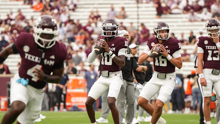 Texas A&M Aggies quarterback Marcel Reed (10) warms up during pregame against the UTSA Roadrunners at Kyle Field. 