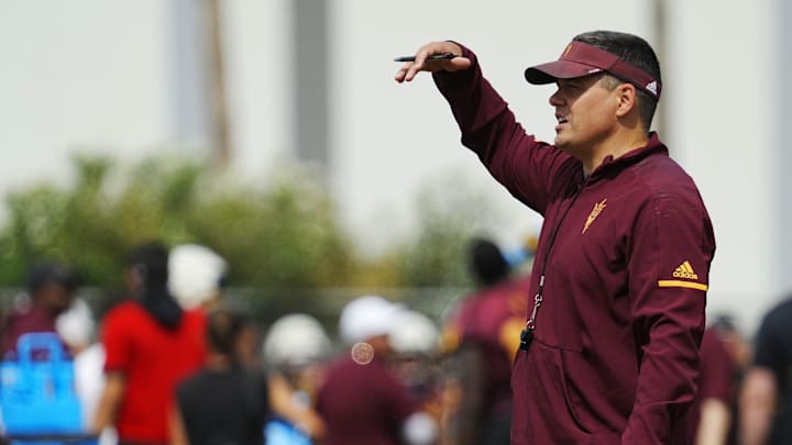 ASU defensive coordinator Brian Ward talks to his defense during a spring practice at Kajikawa Practice Fields in Tempe on April 24, 2024. ASU defensive coordinator Brian Ward talks to his defense during a spring practice at Kajikawa Practice Fields in Tempe on April 24, 2024.