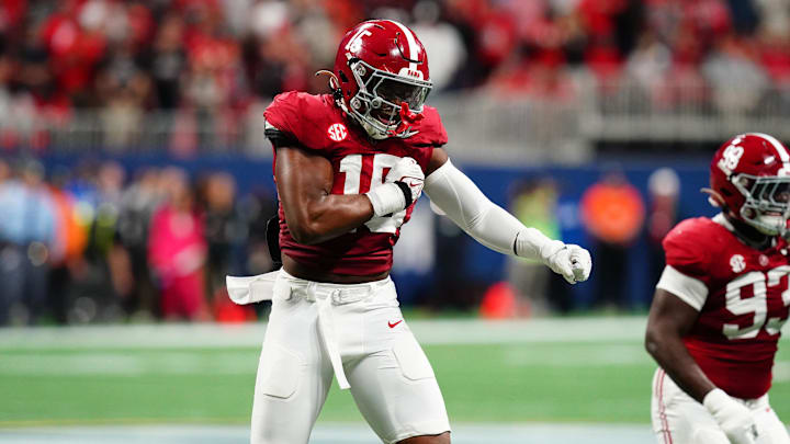 Dec 2, 2023; Atlanta, GA, USA; Alabama Crimson Tide linebacker Dallas Turner (15) celebrates after a Dec 2, 2023; Atlanta, GA, USA; Alabama Crimson Tide linebacker Dallas Turner (15) celebrates after a