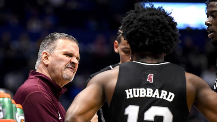 Mar 13, 2025; Nashville, TN, USA;  Mississippi State Bulldogs head coach Chris Jans talks with guard Josh Hubbard (12) against the Missouri Tigers during the first half at Bridgestone Arena. Mandatory Credit: Steve Roberts-Imagn Images