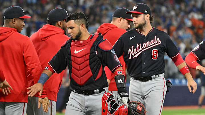 Aug 29, 2023; Toronto, Ontario, CAN; Washington Nationals catcher Keibert Ruiz (8) and third baseman Carter Kieboom (8) celebrate with teammates after a win over the Toronto Blue Jays at Rogers Centre. Mandatory Credit: Dan Hamilton-Imagn Images Aug 29, 2023; Toronto, Ontario, CAN; Washington Nationals catcher Keibert Ruiz (8) and third baseman Carter Kieboom (8) celebrate with teammates after a win over the Toronto Blue Jays at Rogers Centre. Mandatory Credit: Dan Hamilton-Imagn Images