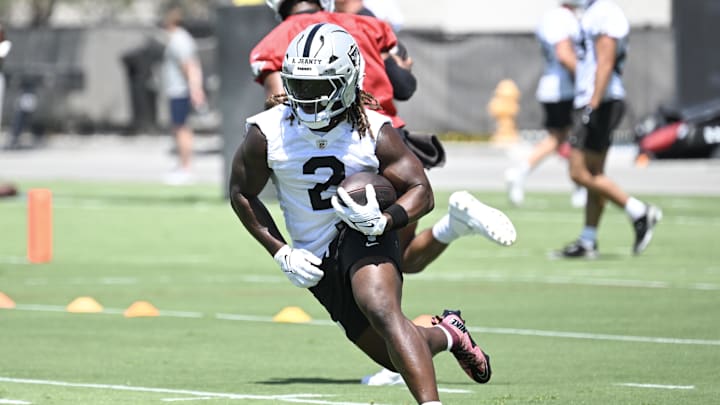Jun 10, 2025; Henderson, NV, USA; Las Vegas Raiders running back Ashton Jeanty (2) runs through a drill during Las Vegas Raiders Minicamp at Intermountain Health Performance Center. Mandatory Credit: Candice Ward-Imagn Images