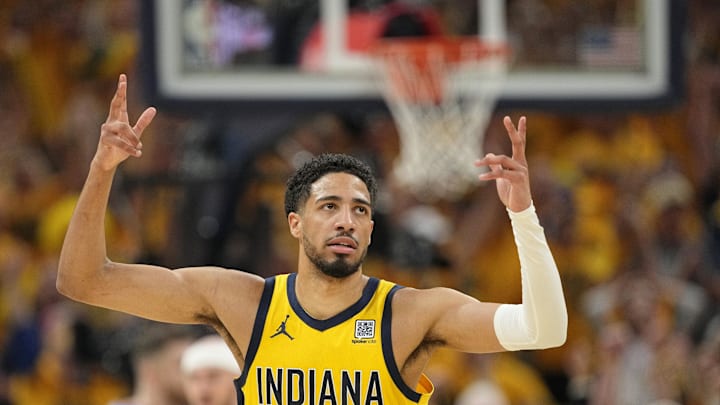 Jun 19, 2025; Indianapolis, Indiana, USA; Indiana Pacers guard Tyrese Haliburton (0) reacts after a play against the Oklahoma City Thunder during the first half of game six of the 2025 NBA Finals between the Oklahoma City Thunder and the Indiana Pacers at Gainbridge Fieldhouse. Mandatory Credit: Kyle Terada-Imagn Images