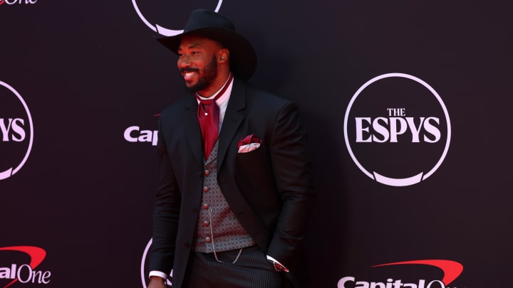 Jul 11, 2024; Los Angeles, CA, USA;  Cleveland Browns defensive end Myles Garrett arrives on the red carpet before the 2024 ESPYS at Dolby Theatre. Mandatory Credit: Kiyoshi Mio-USA TODAY Sports