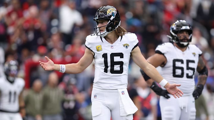 Nov 9, 2025; Houston, Texas, USA; Jacksonville Jaguars quarterback Trevor Lawrence (16) looks towards the bench against the Houston Texans during the second half at NRG Stadium. Mandatory Credit: Troy Taormina-Imagn Images