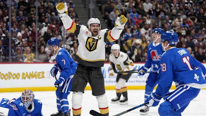 Apr 11, 2026; Denver, Colorado, USA; Vegas Golden Knights right wing Mark Stone (61) celebrates his power play goal on Colorado Avalanche goaltender MacKenzie Blackwood (39) (left) in the first period at Ball Arena. Mandatory Credit: Ron Chenoy-Imagn Images Apr 11, 2026; Denver, Colorado, USA; Vegas Golden Knights right wing Mark Stone (61) celebrates his power play goal on Colorado Avalanche goaltender MacKenzie Blackwood (39) (left) in the first period at Ball Arena. Mandatory Credit: Ron Chenoy-Imagn Images