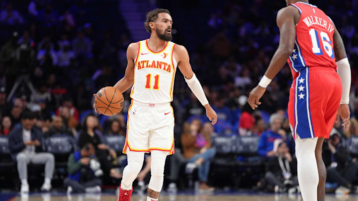 Apr 11, 2025; Philadelphia, Pennsylvania, USA; Atlanta Hawks guard Trae Young (11) controls the ball against the Philadelphia 76ers in the first quarter at Wells Fargo Center. Mandatory Credit: Kyle Ross-Imagn Images Apr 11, 2025; Philadelphia, Pennsylvania, USA; Atlanta Hawks guard Trae Young (11) controls the ball against the Philadelphia 76ers in the first quarter at Wells Fargo Center. Mandatory Credit: Kyle Ross-Imagn Images