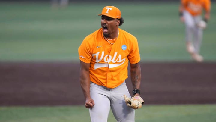 Tennessee pitcher Marcus Phillips (23) celebrates after striking out a batter during a NCAA regional baseball game between the Tennessee Volunteers and Cincinnati Bearcats at Lindsey Nelson Stadium in Knoxville, Tenn., on May 31, 2025. Tennessee pitcher Marcus Phillips (23) celebrates after striking out a batter during a NCAA regional baseball game between the Tennessee Volunteers and Cincinnati Bearcats at Lindsey Nelson Stadium in Knoxville, Tenn., on May 31, 2025.