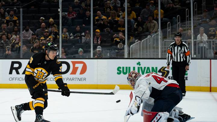 Sep 20, 2026; Boston, Massachusetts, USA;  Boston Bruins forward Lukas Reichel (76) makes a shootout attempt against Washington Capitals goaltender Logan Thompson (48) during the game at TD Garden.  Mandatory Credit: Natalie Reid-Imagn Images