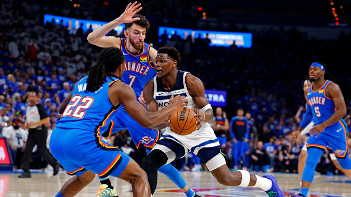 Minnesota Timberwolves guard Anthony Edwards drives to the basket against Oklahoma City Thunder guard Cason Wallace (22) during the second quarter in Game 5 of the Western Conference finals at Paycom Center in Oklahoma City on May 28, 2025. Minnesota Timberwolves guard Anthony Edwards drives to the basket against Oklahoma City Thunder guard Cason Wallace (22) during the second quarter in Game 5 of the Western Conference finals at Paycom Center in Oklahoma City on May 28, 2025.