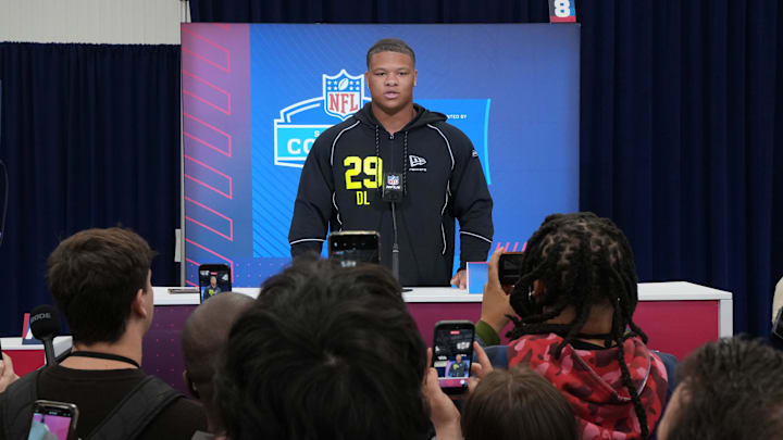 Feb 25, 2026; Indianapolis, IN, USA; Clemson defensive lineman Peter Woods (DL29) speaks during the NFL Scouting Combine at the Indiana Convention Center. Mandatory Credit: Kirby Lee-Imagn Images