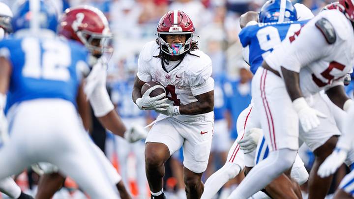 Sep 12, 2026; Lexington, Kentucky, USA; Alabama Crimson Tide running back Daniel Hill (4) runs the ball during the third quarter against the Kentucky Wildcats at Kroger Field. Mandatory Credit: Jordan Prather-Imagn Images Sep 12, 2026; Lexington, Kentucky, USA; Alabama Crimson Tide running back Daniel Hill (4) runs the ball during the third quarter against the Kentucky Wildcats at Kroger Field. Mandatory Credit: Jordan Prather-Imagn Images
