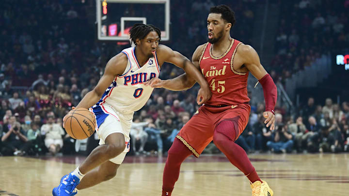 Feb 12, 2024; Cleveland, Ohio, USA; Philadelphia 76ers guard Tyrese Maxey (0) drives to the basket Feb 12, 2024; Cleveland, Ohio, USA; Philadelphia 76ers guard Tyrese Maxey (0) drives to the basket