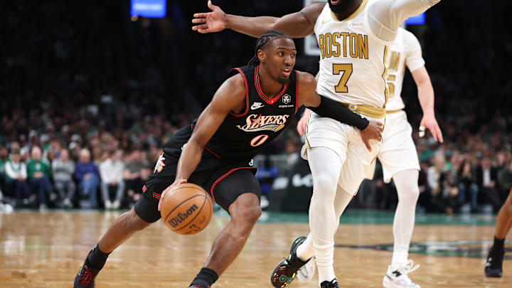 Mar 1, 2026; Boston, Massachusetts, USA; Philadelphia 76ers guard Tyrese Maxey (0) drives to the basket during the first half against the Boston Celtics at TD Garden. Mandatory Credit: Paul Rutherford-Imagn Images Mar 1, 2026; Boston, Massachusetts, USA; Philadelphia 76ers guard Tyrese Maxey (0) drives to the basket during the first half against the Boston Celtics at TD Garden. Mandatory Credit: Paul Rutherford-Imagn Images