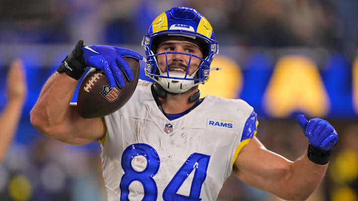 Los Angeles Rams tight end Colby Parkinson (84) celebrates after a touchdown against the Tampa Bay Buccaneers at SoFi Stadium. 