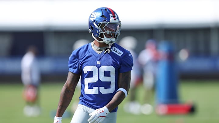 Jul 24, 2025; East Rutherford, NJ, USA; New York Giants running back Tyrone Tracy Jr. (29) on the field during training camp at Quest Diagnostics Training Center.  