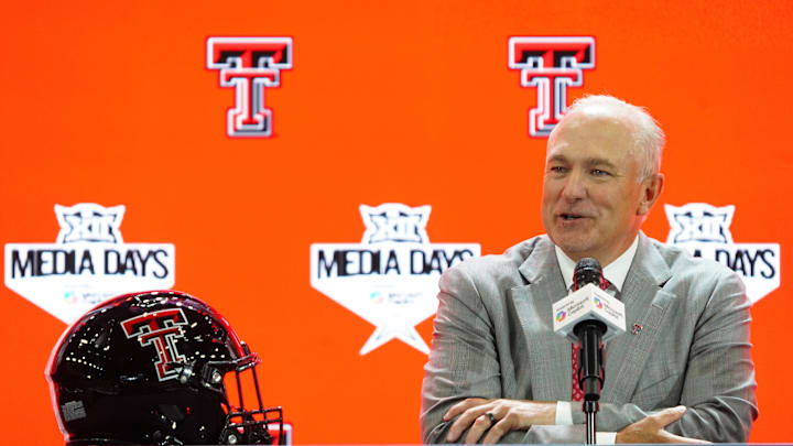  Texas Tech head coach Joey McGuire addresses the media . Mandatory Credit: Raymond Carlin III-Imagn Images