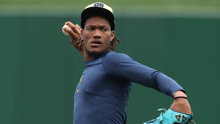 Jul 10, 2026; Pittsburgh, Pennsylvania, USA;  Milwaukee Brewers relief pitcher Abner Uribe (45) throws in the outfield before the game against the Pittsburgh Pirates at PNC Park. Mandatory Credit: Charles LeClaire-Imagn Images