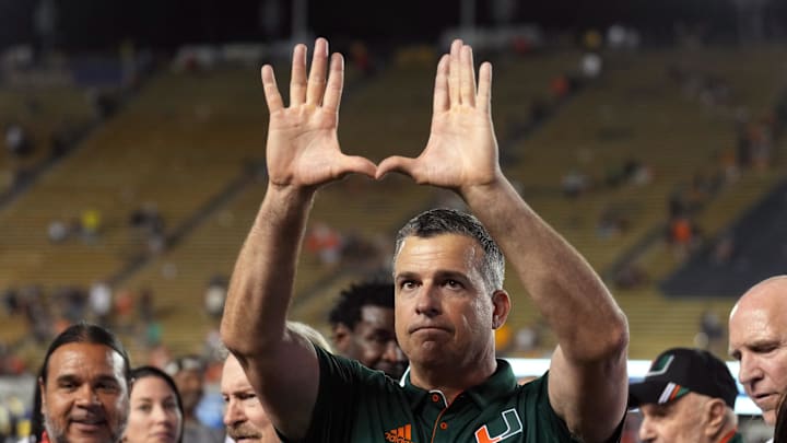 Oct 5, 2024; Berkeley, California, USA; Miami Hurricanes head coach Mario Cristobal gestures after defeating the California Golden Bears at California Memorial Stadium. Mandatory Credit: Darren Yamashita-Imagn Images