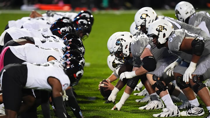 Oct 26, 2024; Boulder, Colorado, USA; Members of the Cincinnati Bearcats and the Colorado Buffaloes special teams line up across from each other at Folsom Field. Mandatory Credit: Ron Chenoy-Imagn Images
